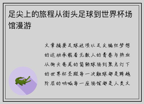 足尖上的旅程从街头足球到世界杯场馆漫游